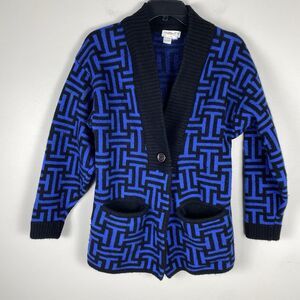 VTG Christian Dior Womans S Button Down Sweater Blue Geo Print Lambswool SHRUNK